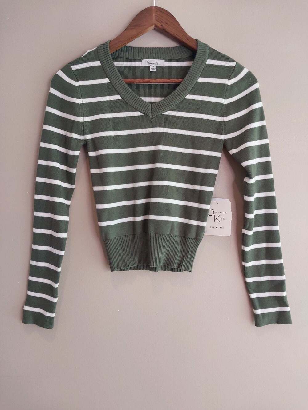 Orange Kiss Essentials Green and White Striped V-Neck Long Sleeve Sweater